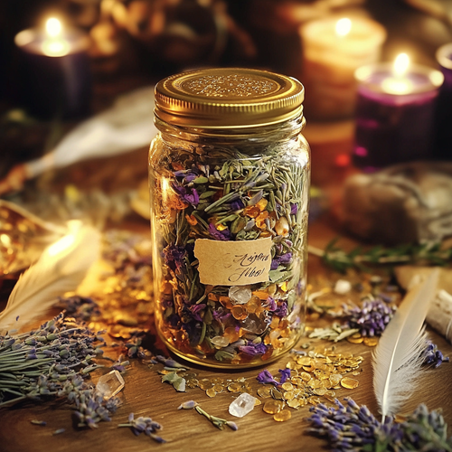 An intention jar filled with herbs, crystals, and a written intention to help you focus your energy on your goals.