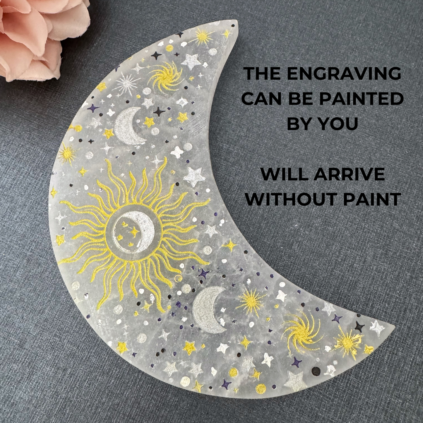 5" Engraved Celestial Crescent Moon Selenite Charging Plate
