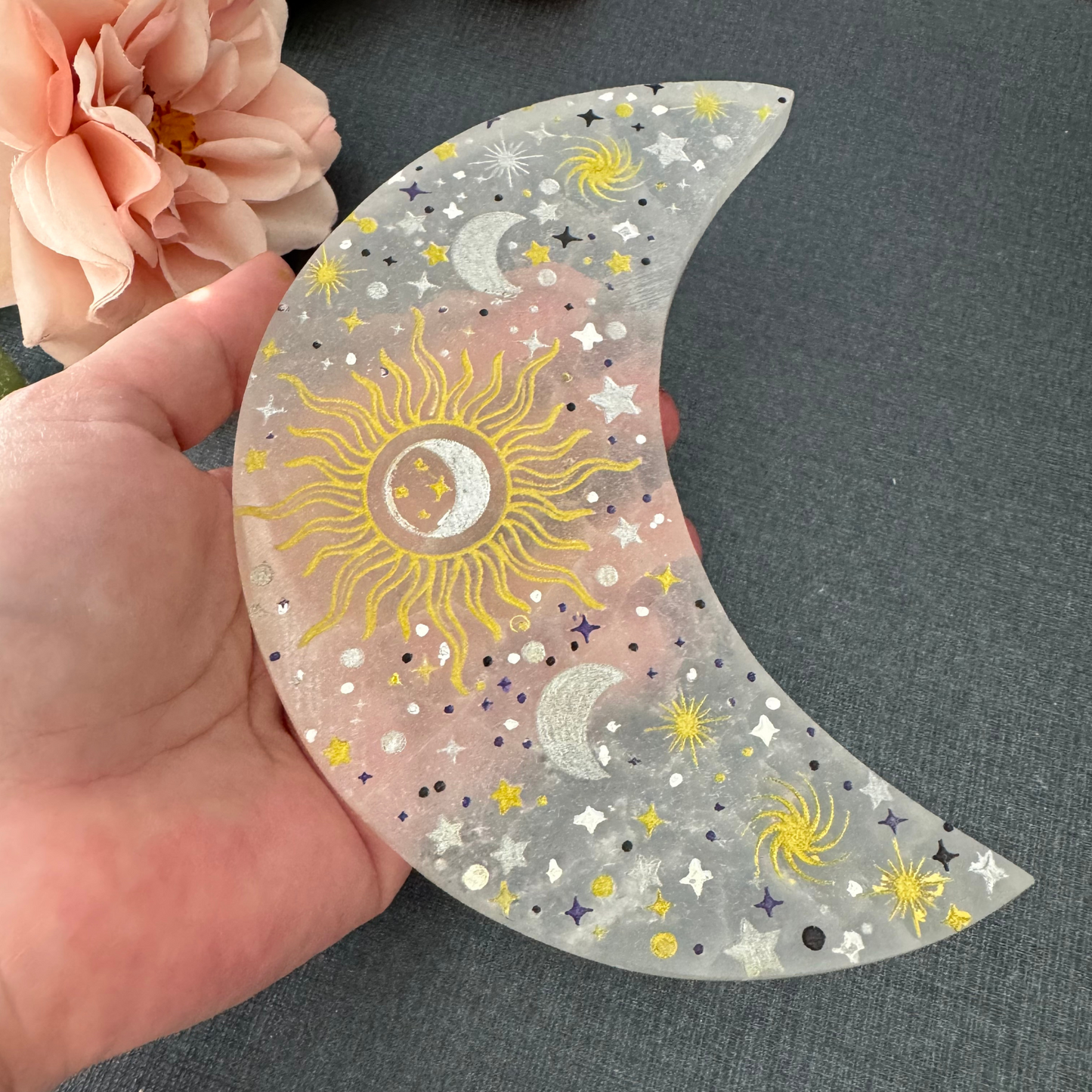 5" Engraved Celestial Crescent Moon Selenite Charging Plate