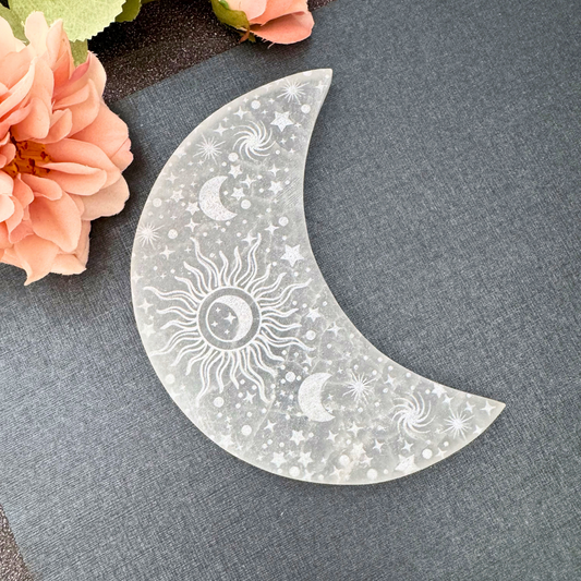 5" Engraved Celestial Crescent Moon Selenite Charging Plate