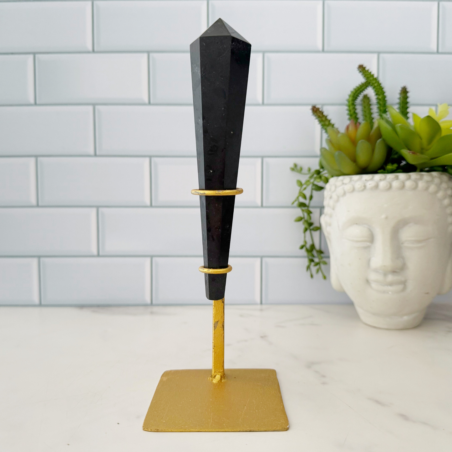6" Black Tourmaline Polished Double Terminated Point with Gold Display Stand