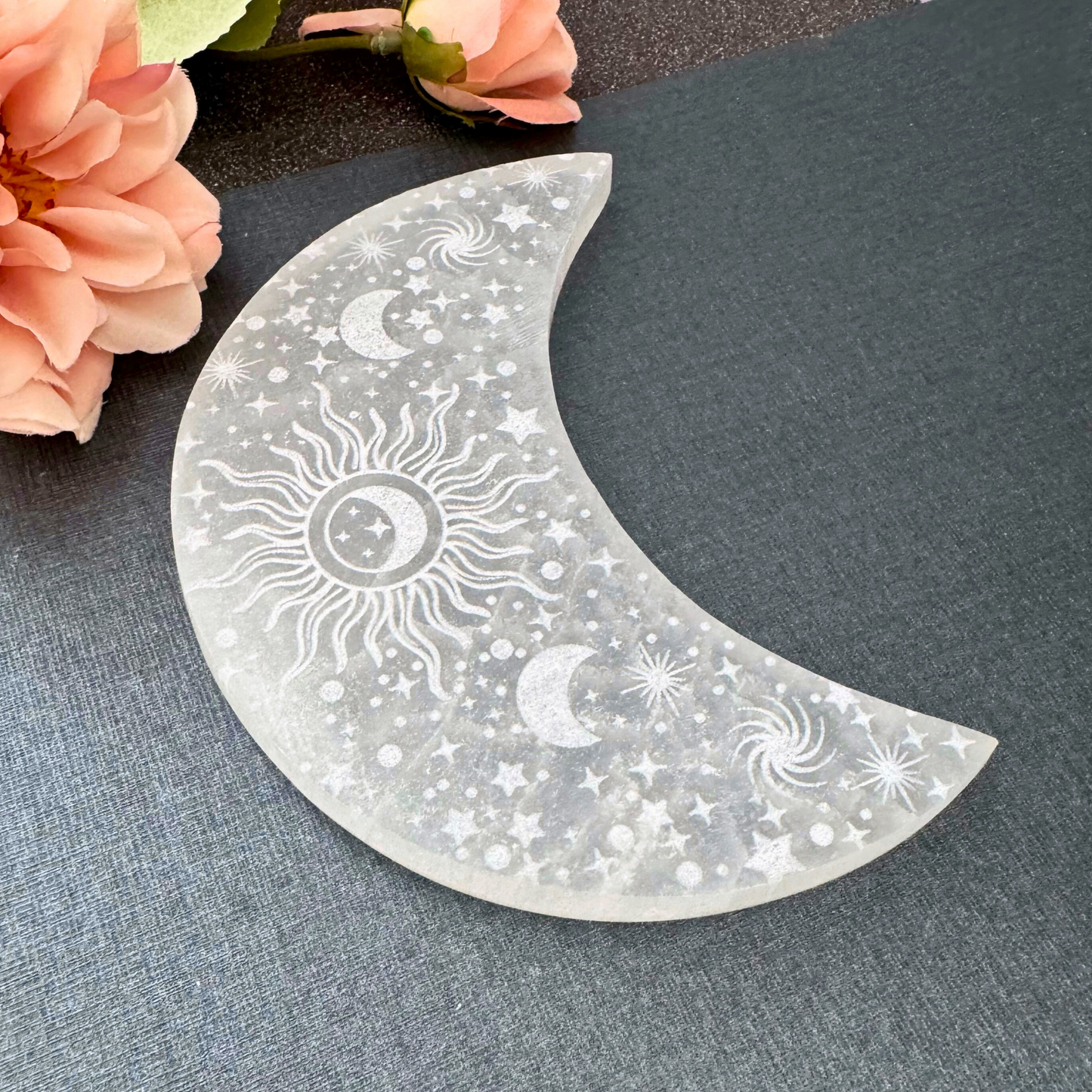 5" Engraved Celestial Crescent Moon Selenite Charging Plate