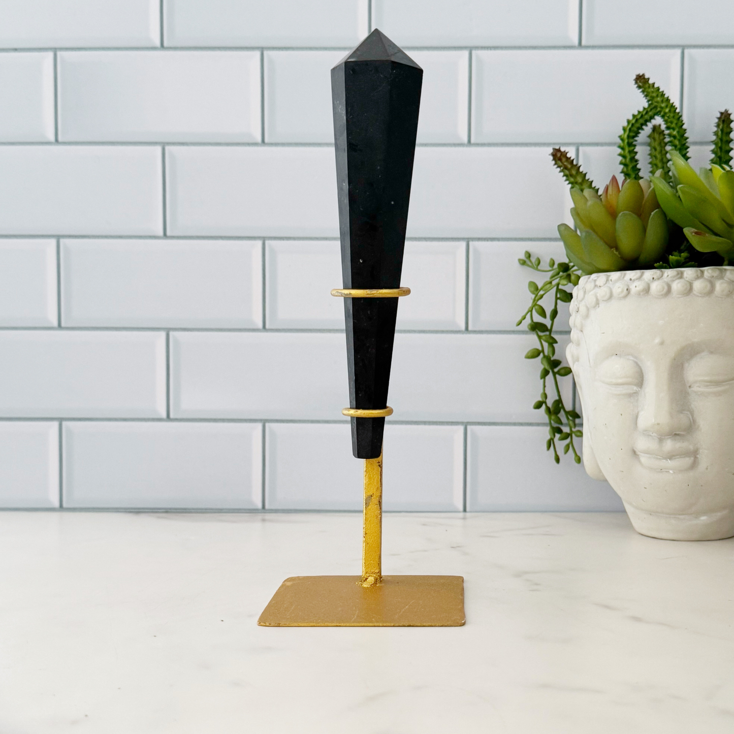 6" Black Tourmaline Polished Double Terminated Point with Gold Display Stand