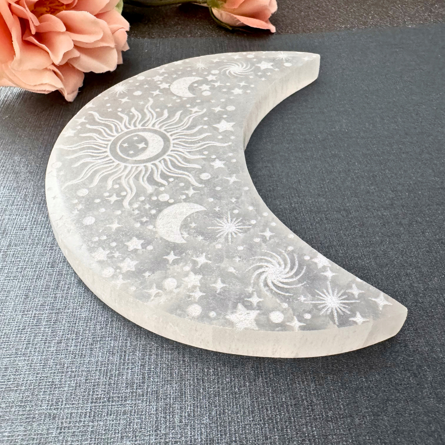 5" Engraved Celestial Crescent Moon Selenite Charging Plate