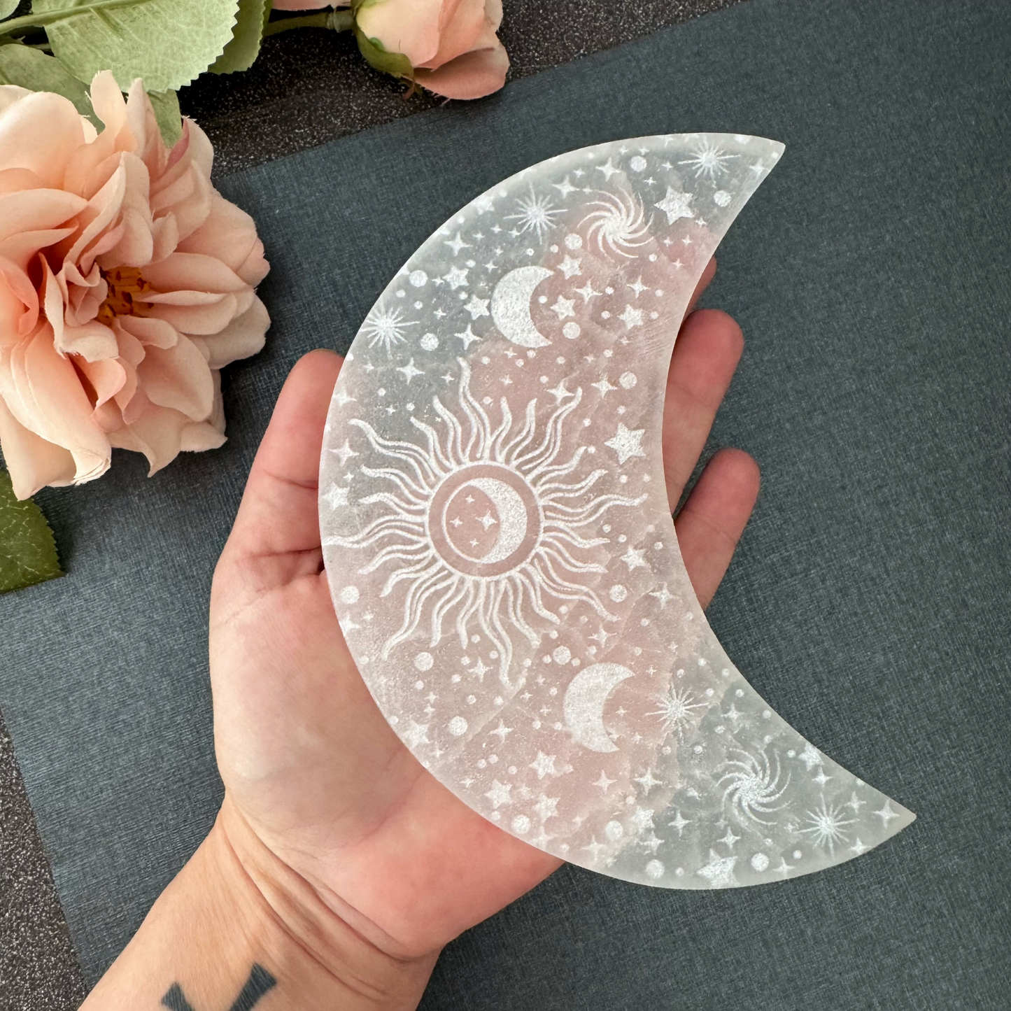 5" Engraved Celestial Crescent Moon Selenite Charging Plate
