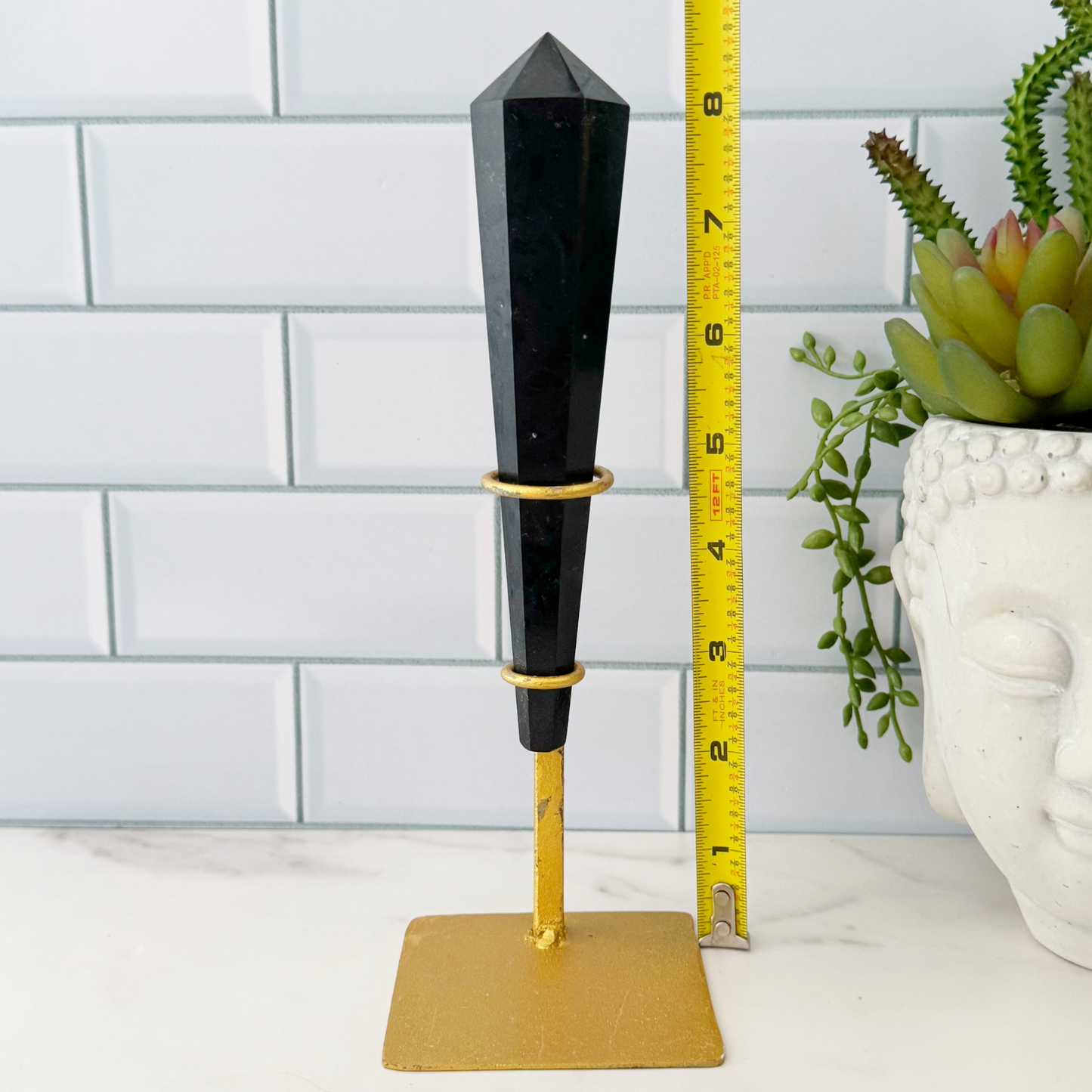 6" Black Tourmaline Polished Double Terminated Point with Gold Display Stand