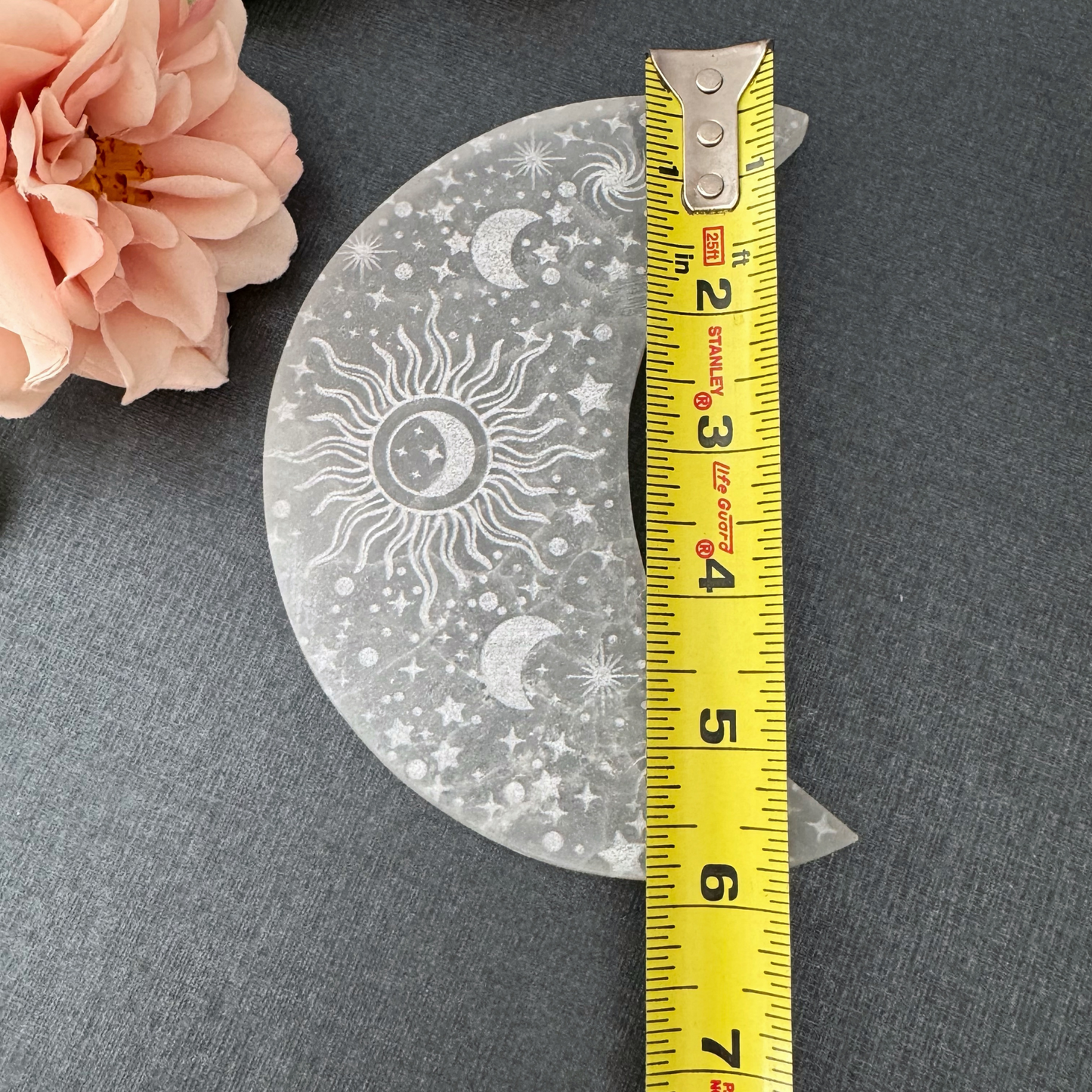 5" Engraved Celestial Crescent Moon Selenite Charging Plate