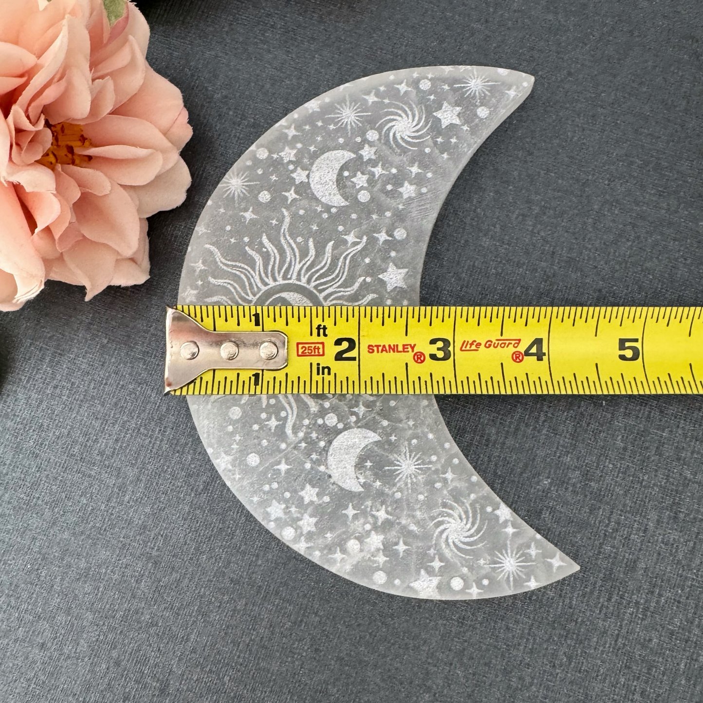 5" Engraved Celestial Crescent Moon Selenite Charging Plate
