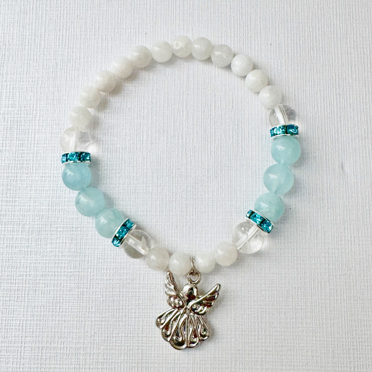 8mm Aquamarine & Moonstone Beaded Bracelet with Angel Charm