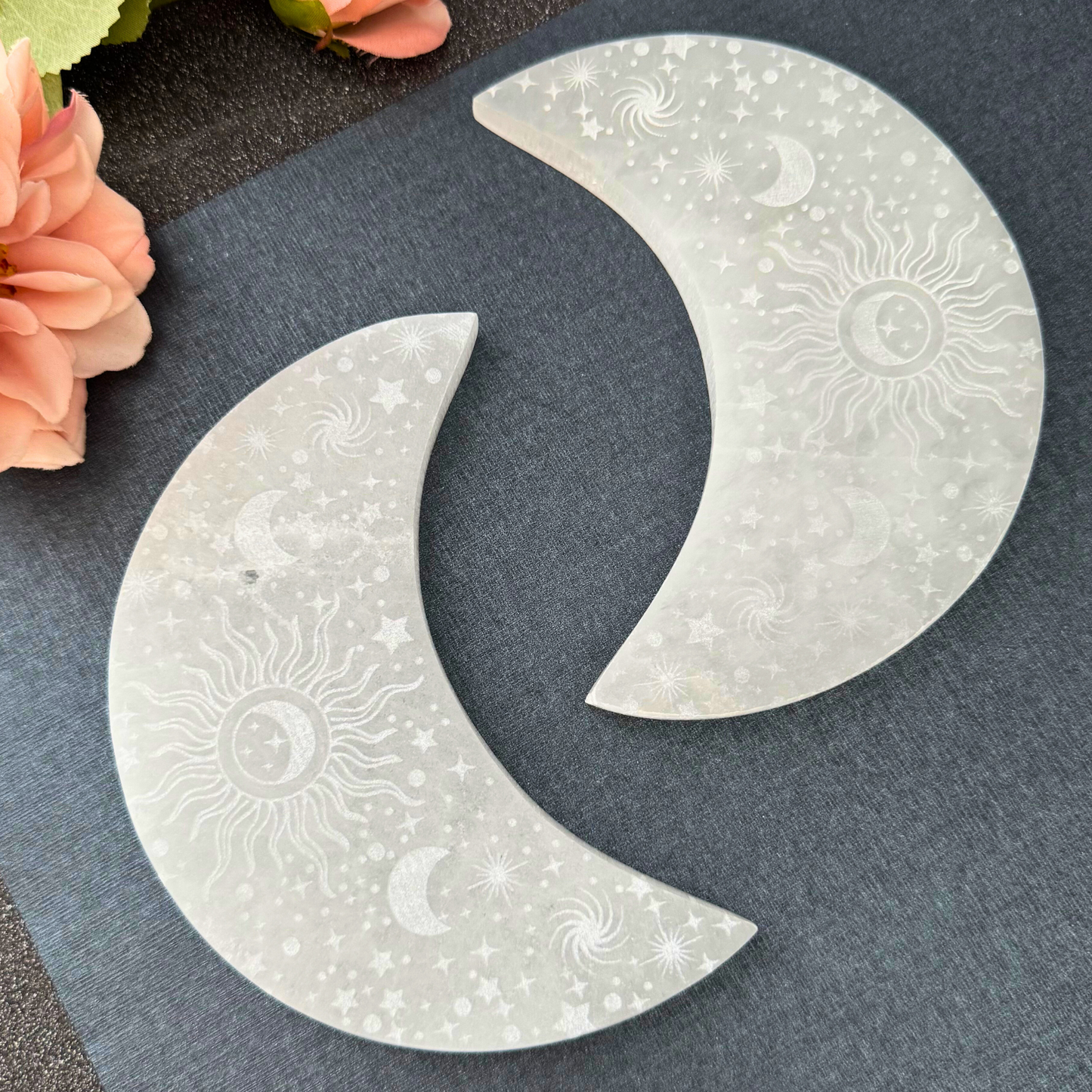 5" Engraved Celestial Crescent Moon Selenite Charging Plate