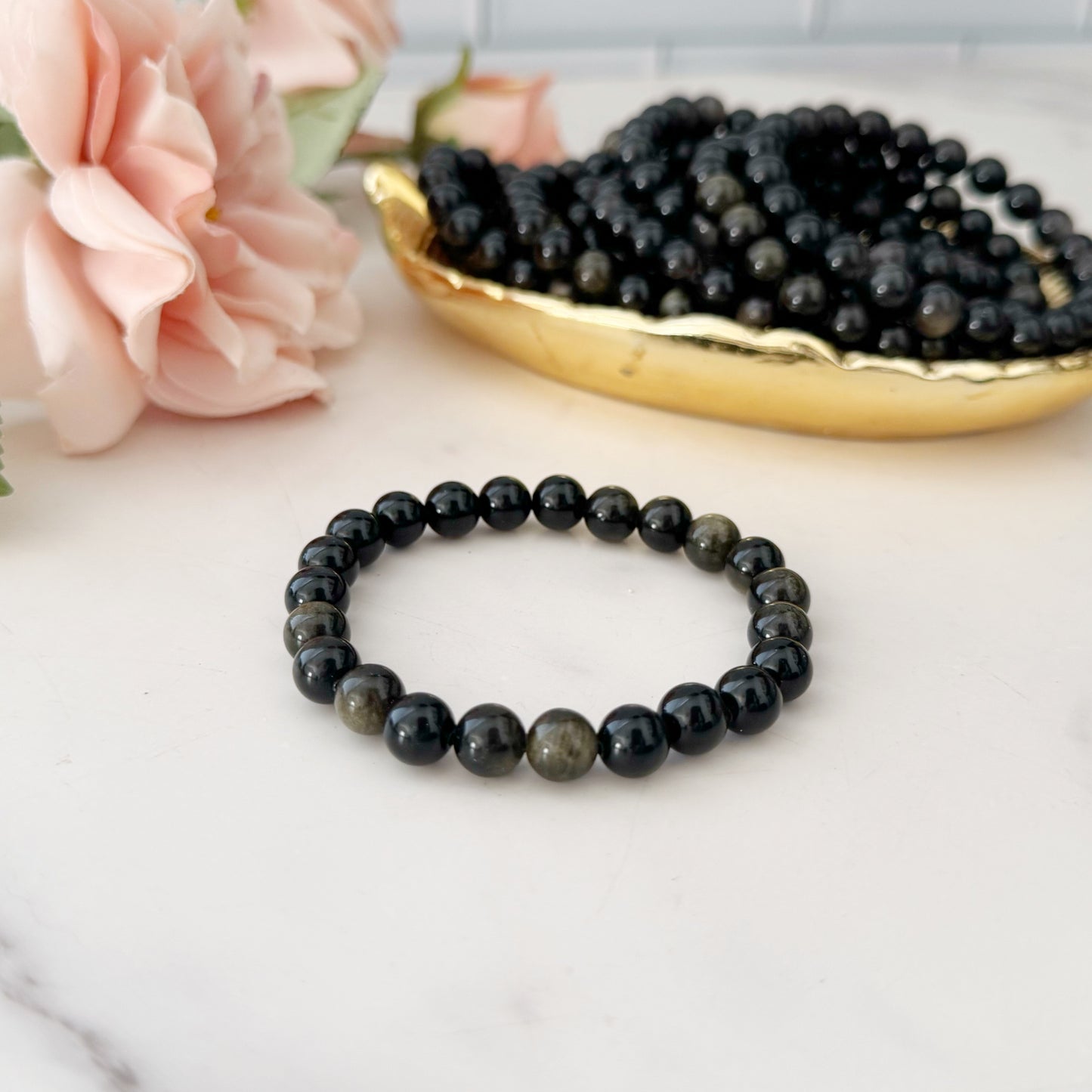 8mm Gold Sheen Obsidian Beaded Bracelet