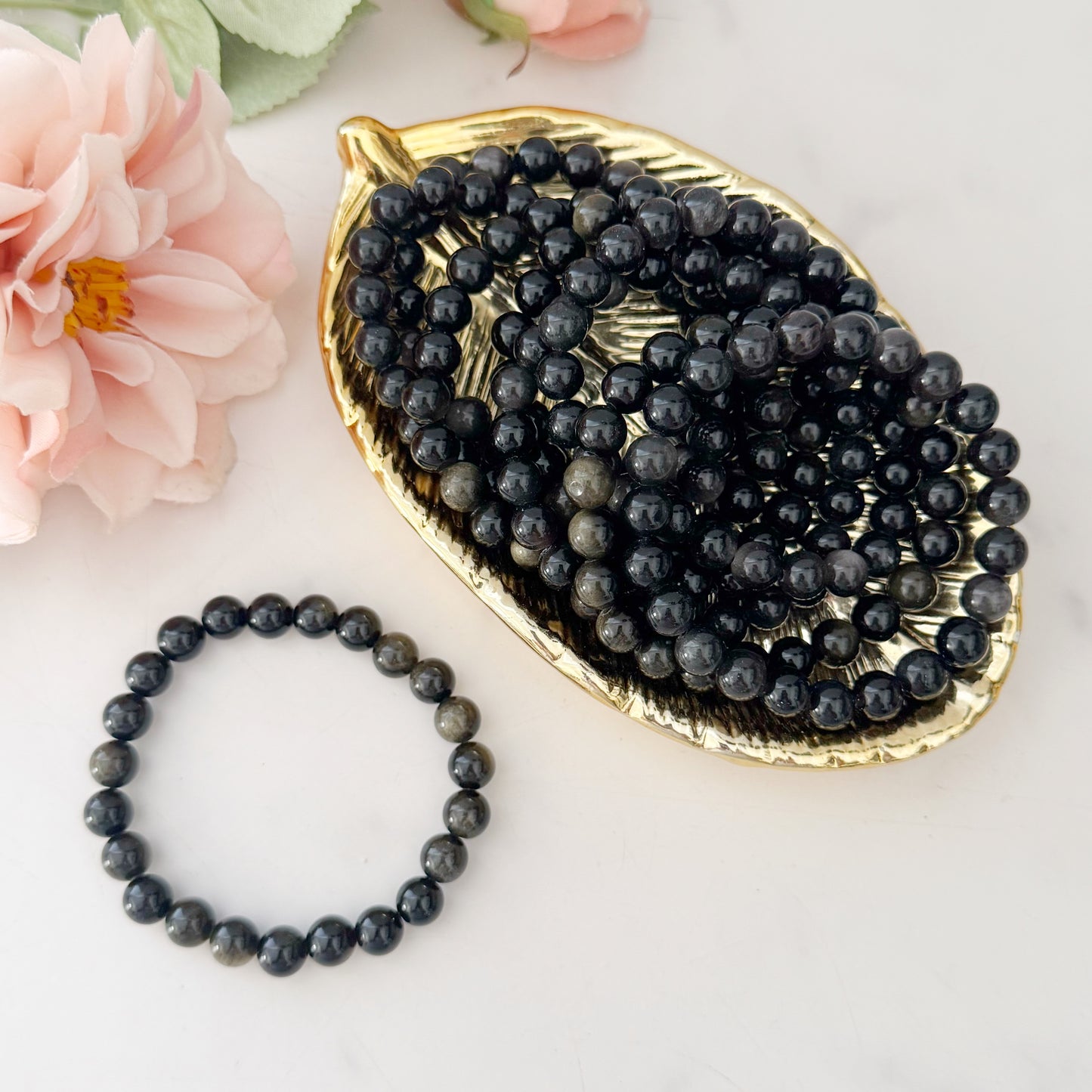 8mm Gold Sheen Obsidian Beaded Bracelet