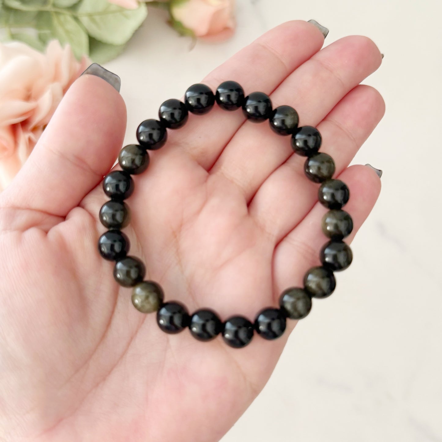 8mm Gold Sheen Obsidian Beaded Bracelet