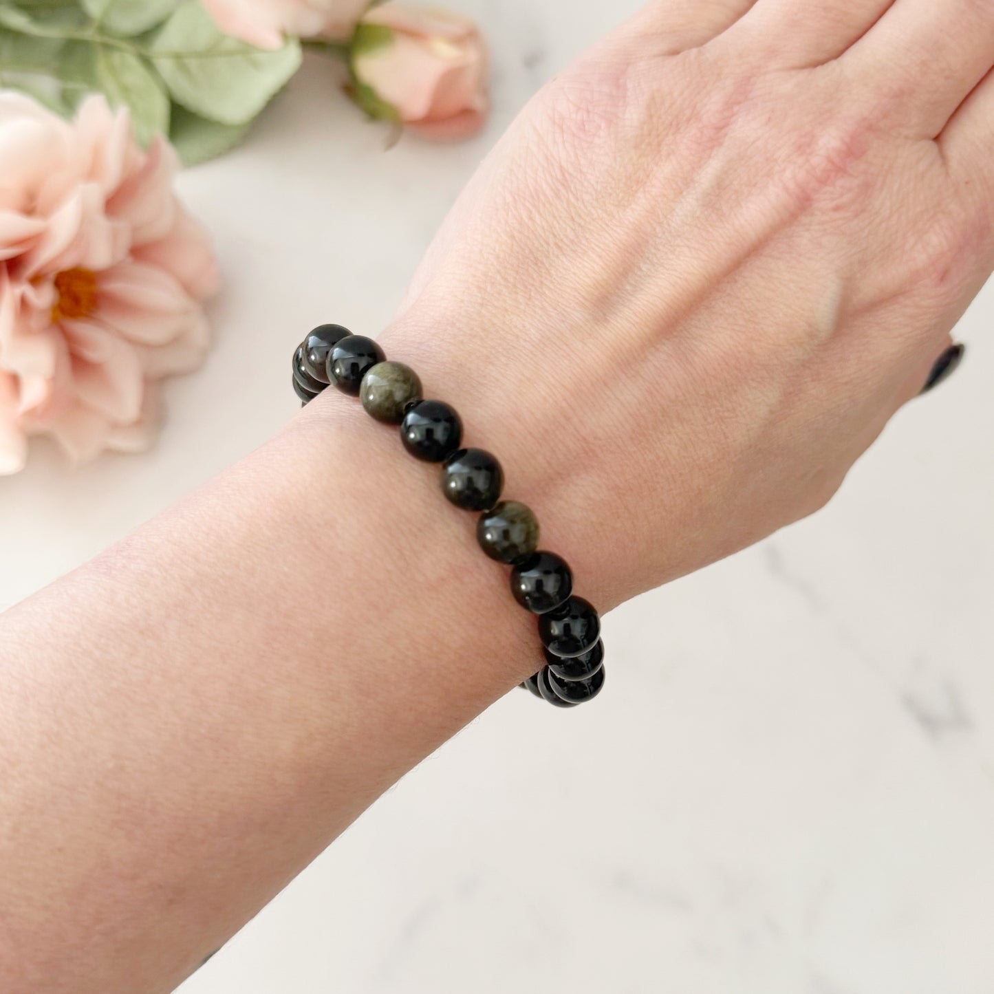 8mm Gold Sheen Obsidian Beaded Bracelet