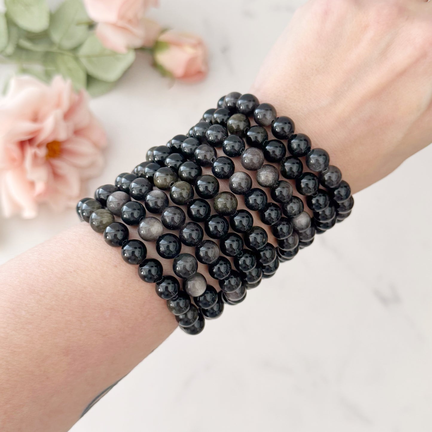 8mm Gold Sheen Obsidian Beaded Bracelet