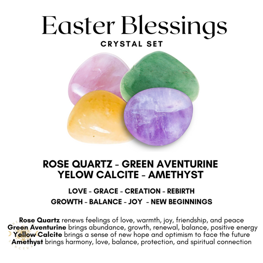 An image of an "Easter Crystal Kit" featuring four polished crystals: Rose Quartz, Green Aventurine, Yellow Calcite, and Amethyst. Each crystal is linked to concepts like love, growth, balance, joy, and spiritual energy in the accompanying text—an ideal Easter basket stuffer for a spiritual journey.