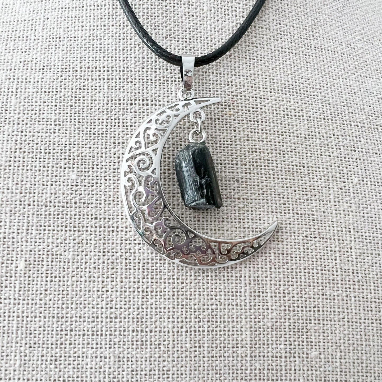Silver Crescent Moon & Black Tourmaline Pendant