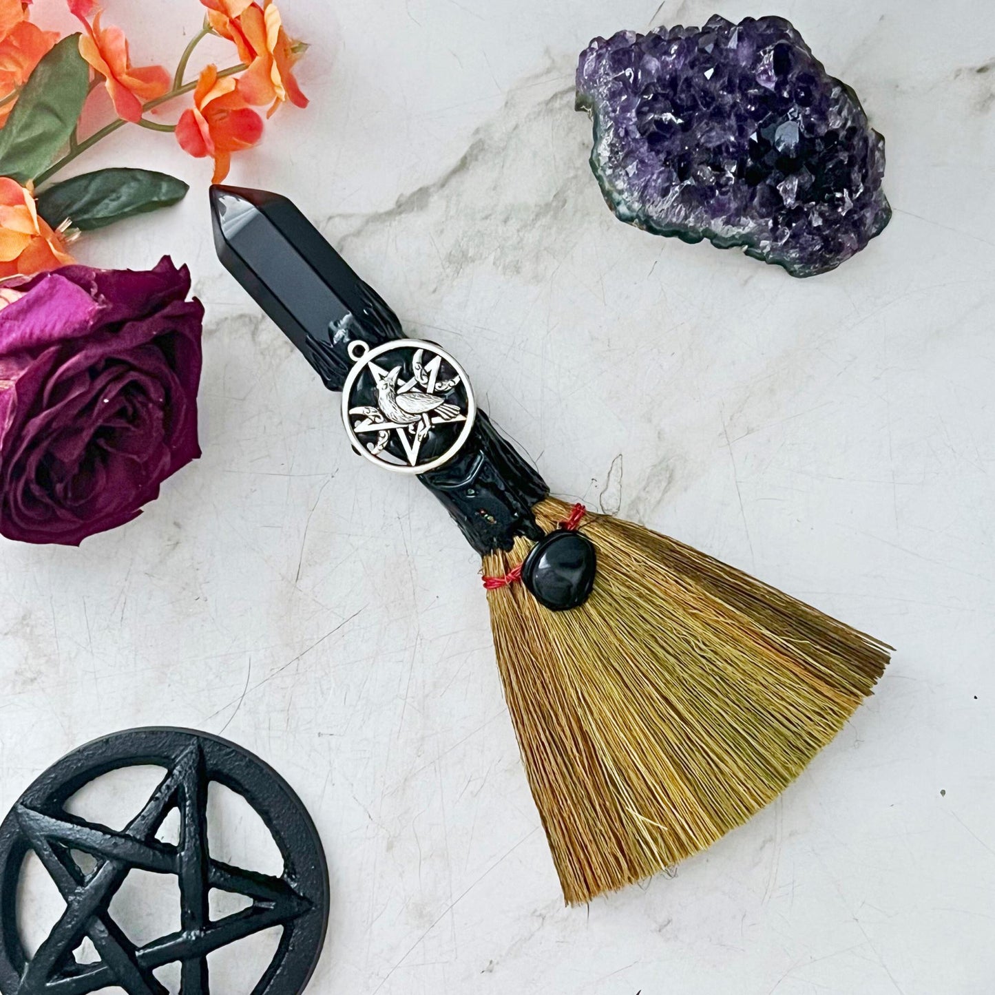 7.5" Raven & Pentacle Black Obsidian Small Besom