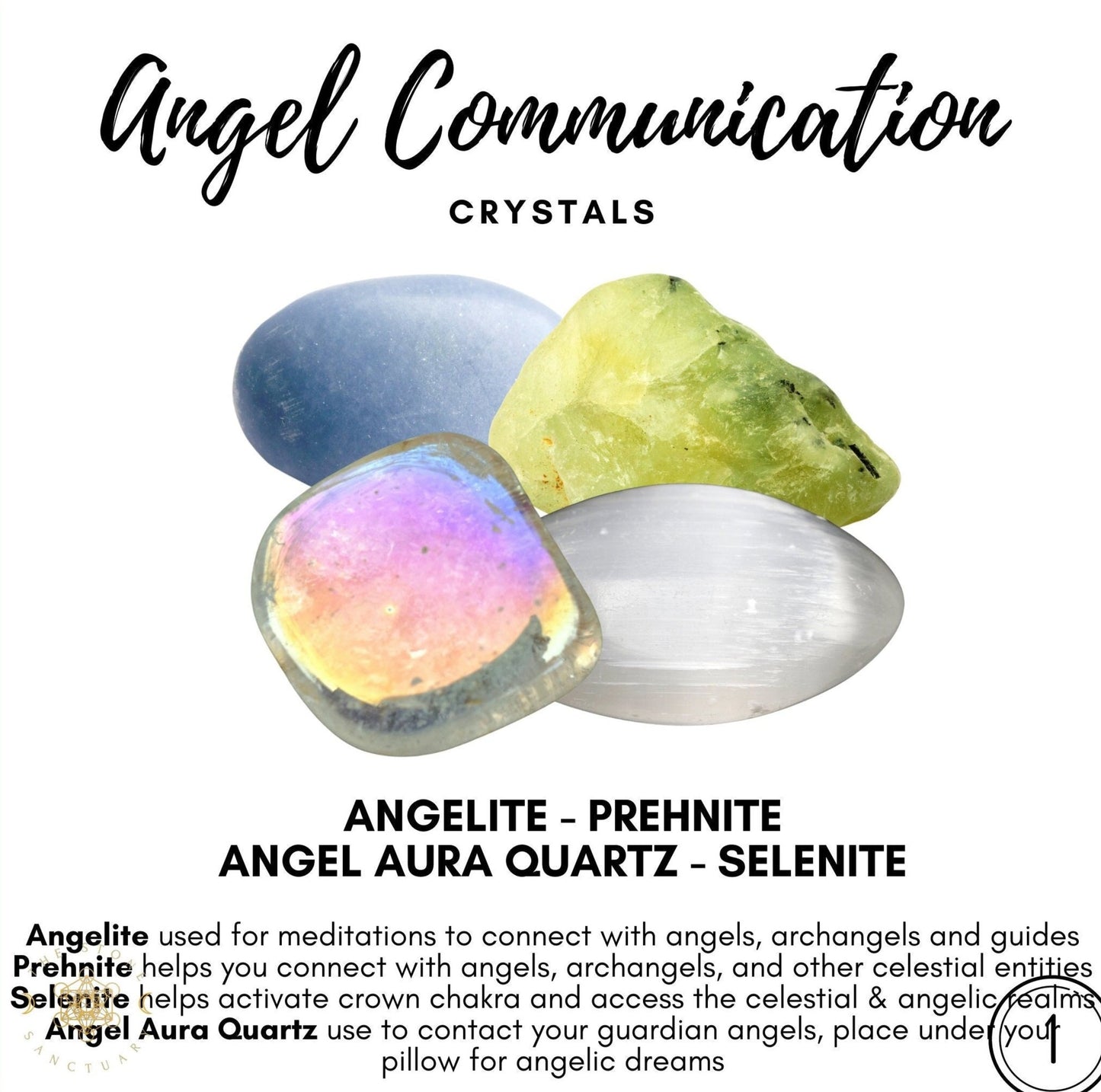 An image titled "Angel Communication Crystals" featuring Angel Communication Crystals. Each crystal has specific uses like meditations, connecting with guardian angels and celestial beings, and enhancing dreams. Descriptions of their spiritual benefits are included in the text.