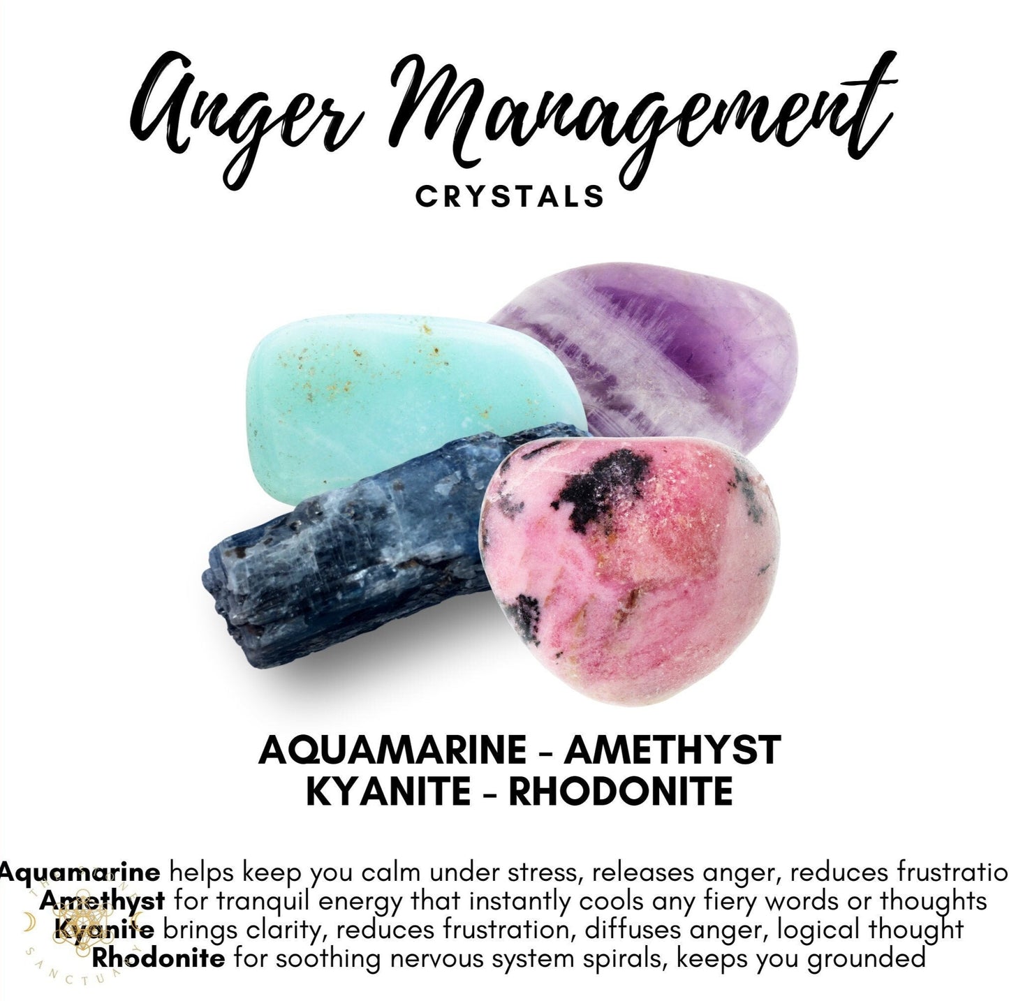 A collection of four Anger Management Crystal Kits against a white background, each with a description of their benefits for anger management. The crystals are labeled aquamarine, amethyst, kyanite, and rhodonite, with brief text below detailing their soothing and mental clarity-enhancing properties to help calm and ground.