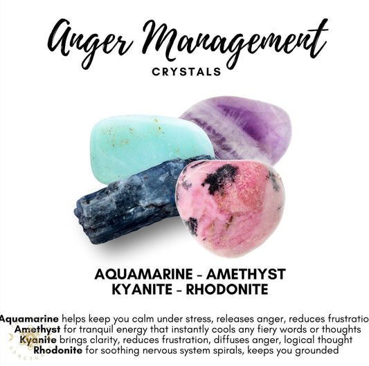 A collection of four Anger Management Crystal Kits against a white background, each with a description of their benefits for anger management. The crystals are labeled aquamarine, amethyst, kyanite, and rhodonite, with brief text below detailing their soothing and mental clarity-enhancing properties to help calm and ground.