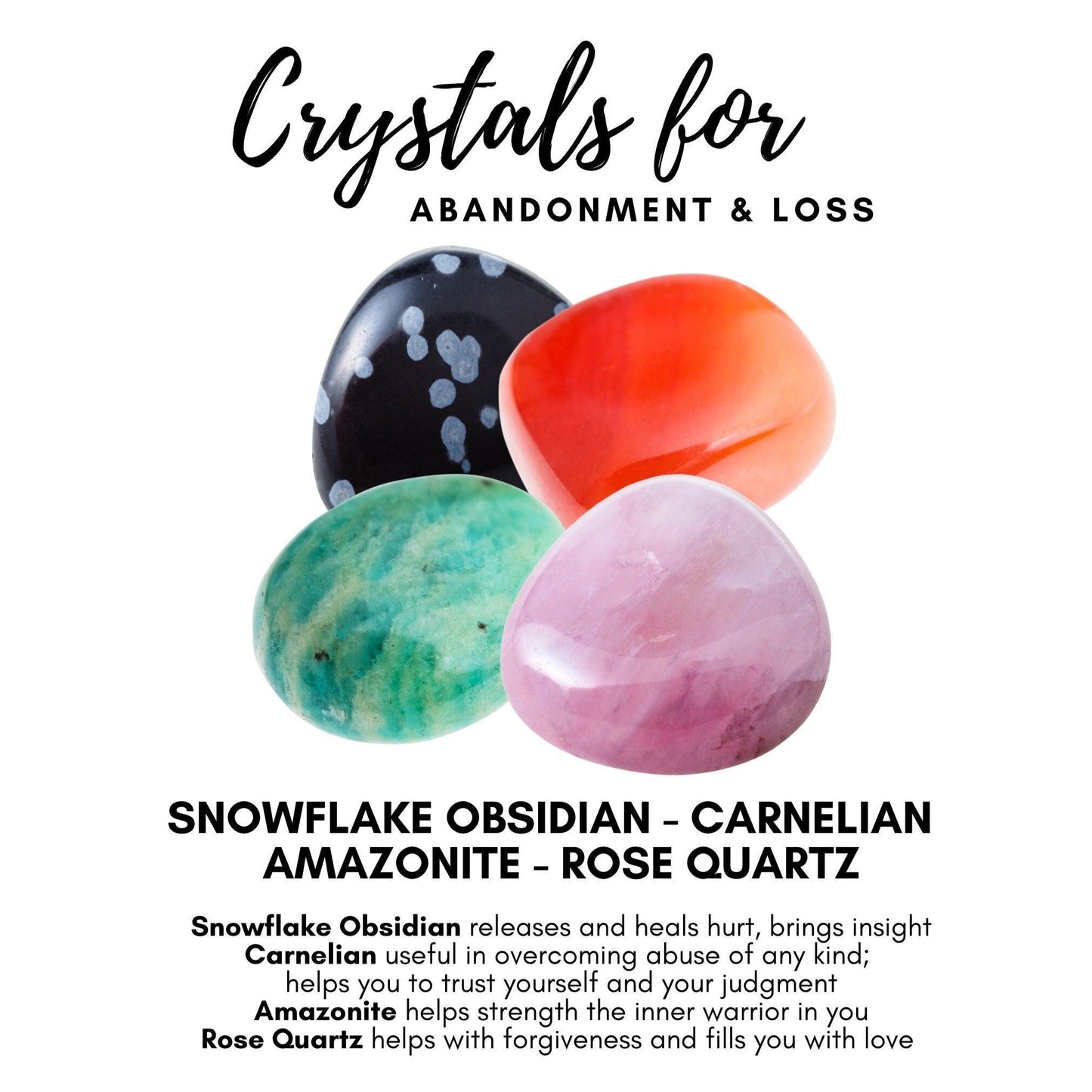 Four polished crystals are displayed with labels: a black and white speckled snowflake obsidian, an orange carnelian, a green amazonite, and a pink rose quartz. Text above reads "Abandonment & Loss Crystal Kit," offering descriptions of each crystal's benefits in providing comfort during times of grief.