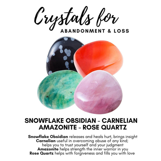 Four polished crystals are displayed with labels: a black and white speckled snowflake obsidian, an orange carnelian, a green amazonite, and a pink rose quartz. Text above reads "Abandonment & Loss Crystal Kit," offering descriptions of each crystal's benefits in providing comfort during times of grief.