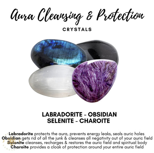 An arrangement of four stones for aura cleansing and energy protection. The Aura Cleansing & Protection Crystal Kit includes labradorite, obsidian, selenite, and charoite. Each stone has a caption describing its benefits for aura protection and spiritual cleansing.