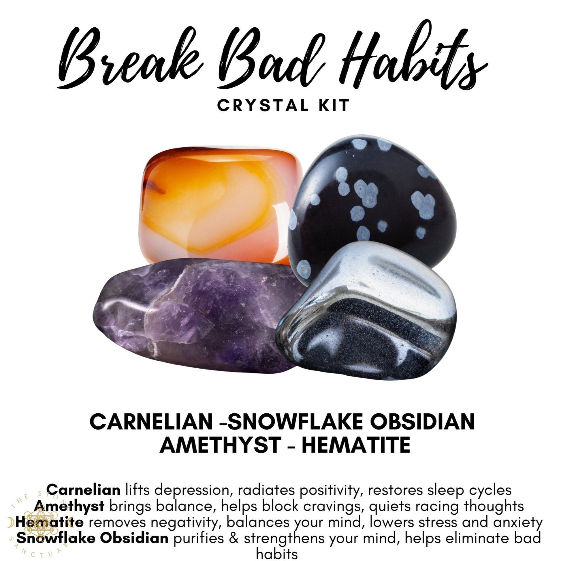 Image of a crystal kit labeled "Break Bad Habits Crystal Kit." The kit includes four stones: Carnelian (orange), Snowflake Obsidian (black with white spots), Amethyst (purple), and Hematite (metallic gray). Each stone's benefits are detailed to help you eliminate bad habits and quit smoking.