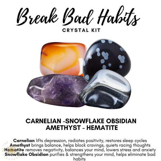 Image of a crystal kit labeled "Break Bad Habits Crystal Kit." The kit includes four stones: Carnelian (orange), Snowflake Obsidian (black with white spots), Amethyst (purple), and Hematite (metallic gray). Each stone's benefits are detailed to help you eliminate bad habits and quit smoking.