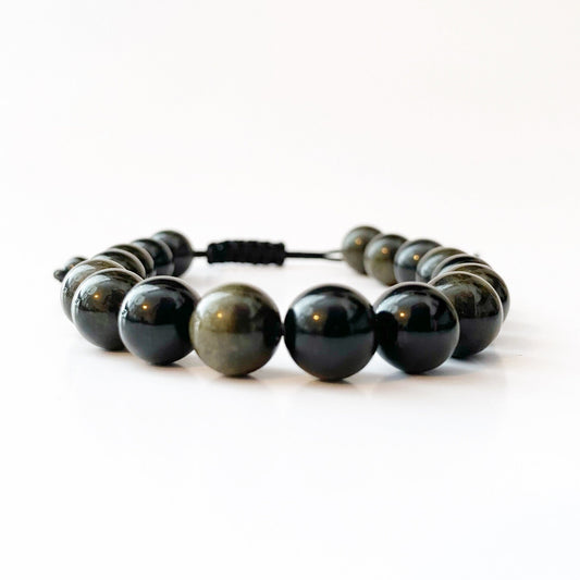 Adjustable 10mm Gold Sheen Obsidian Beaded Bracelet