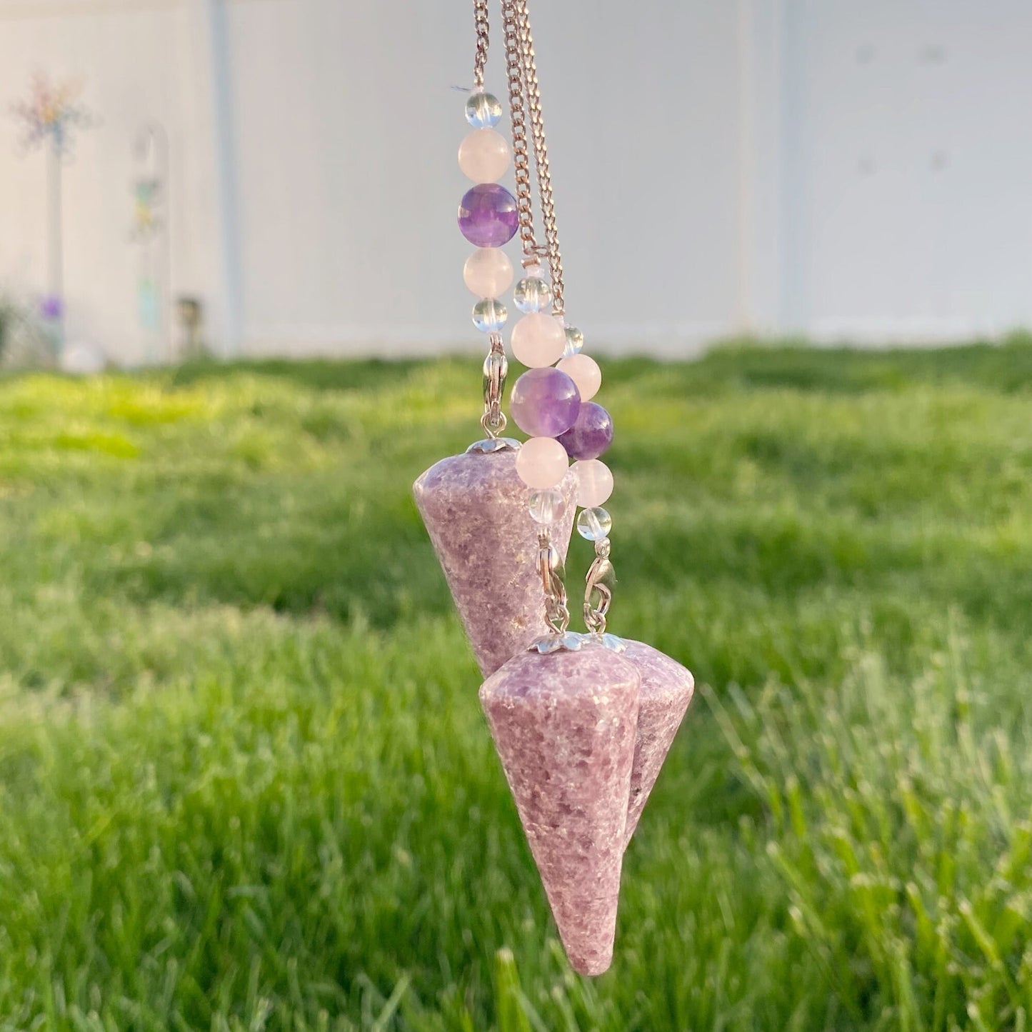 Lepidolite Crystal Hexagonal Pendulum with Triple Moon Charm