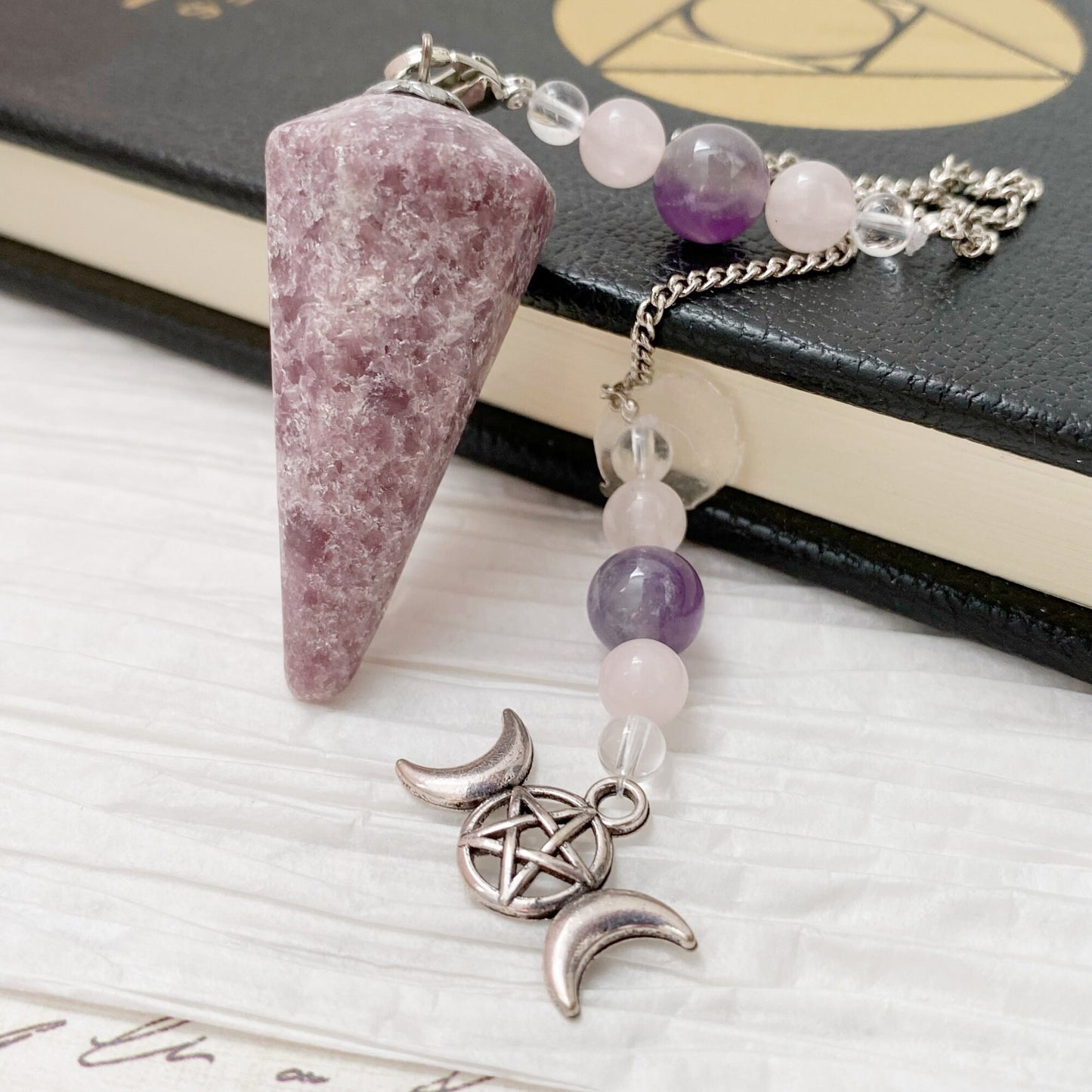 Lepidolite Crystal Hexagonal Pendulum with Triple Moon Charm