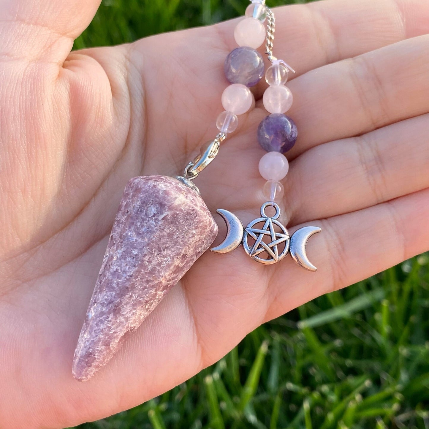 Lepidolite Crystal Hexagonal Pendulum with Triple Moon Charm