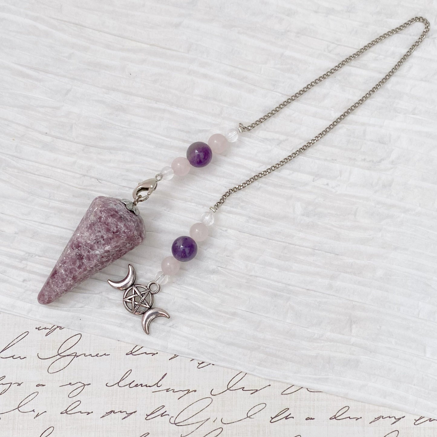 Lepidolite Crystal Hexagonal Pendulum with Triple Moon Charm
