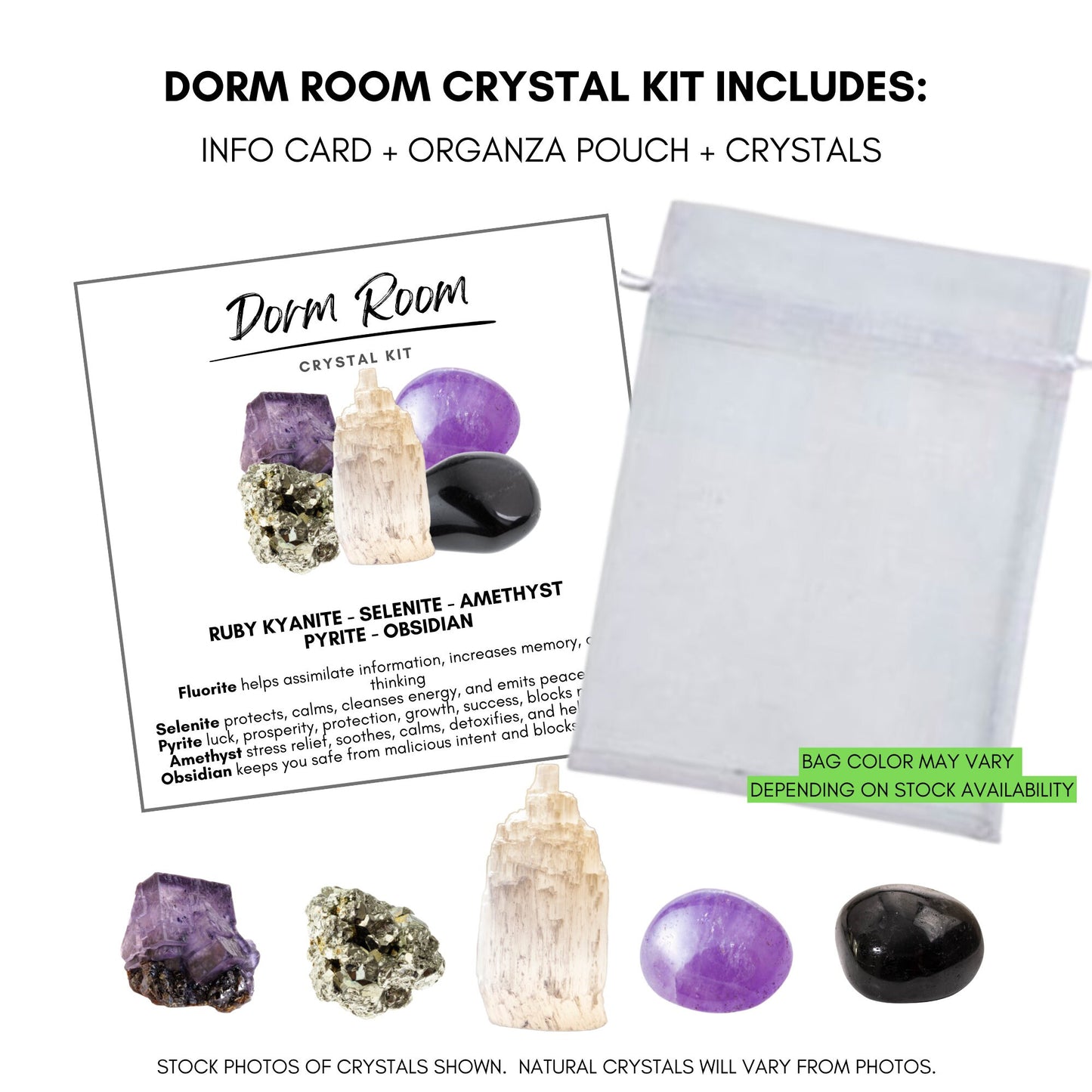 Image of a Dorm Room Crystal Kit featuring five essential crystals: fluorite, selenite, amethyst, pyrite, and obsidian. Each crystal is labeled with its respective benefits, such as memory improvement, protection, and detoxificationâperfect for study and sleep aid in your college bedroom.