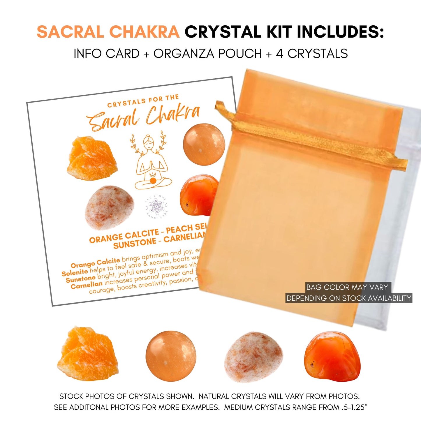 An infographic titled "Sacral Chakra Crystal Kit" shows images of orange calcite, peach selenite, sunstone, and carnelian. Each of these healing crystals' benefits are listed: enhancing creativity, self-esteem, joyful energy, and vitality for improved emotional well-being.