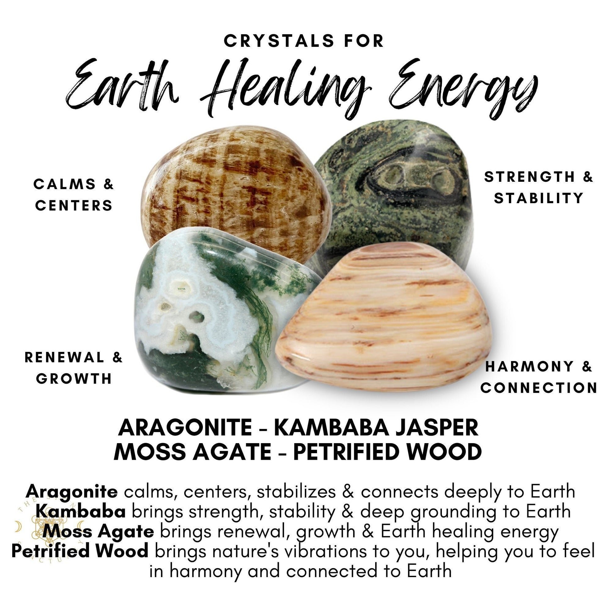 A set of four stones, labeled as "Crystals for Earth Healing Energy", make up this Earth Healing Energy Crystal Kit. The stones—Aragonite, Kambaba Jasper, Moss Agate, and Petrified Wood—each offer benefits like calming, strength, renewal, and harmony. Descriptions of each stone's healing properties are provided.