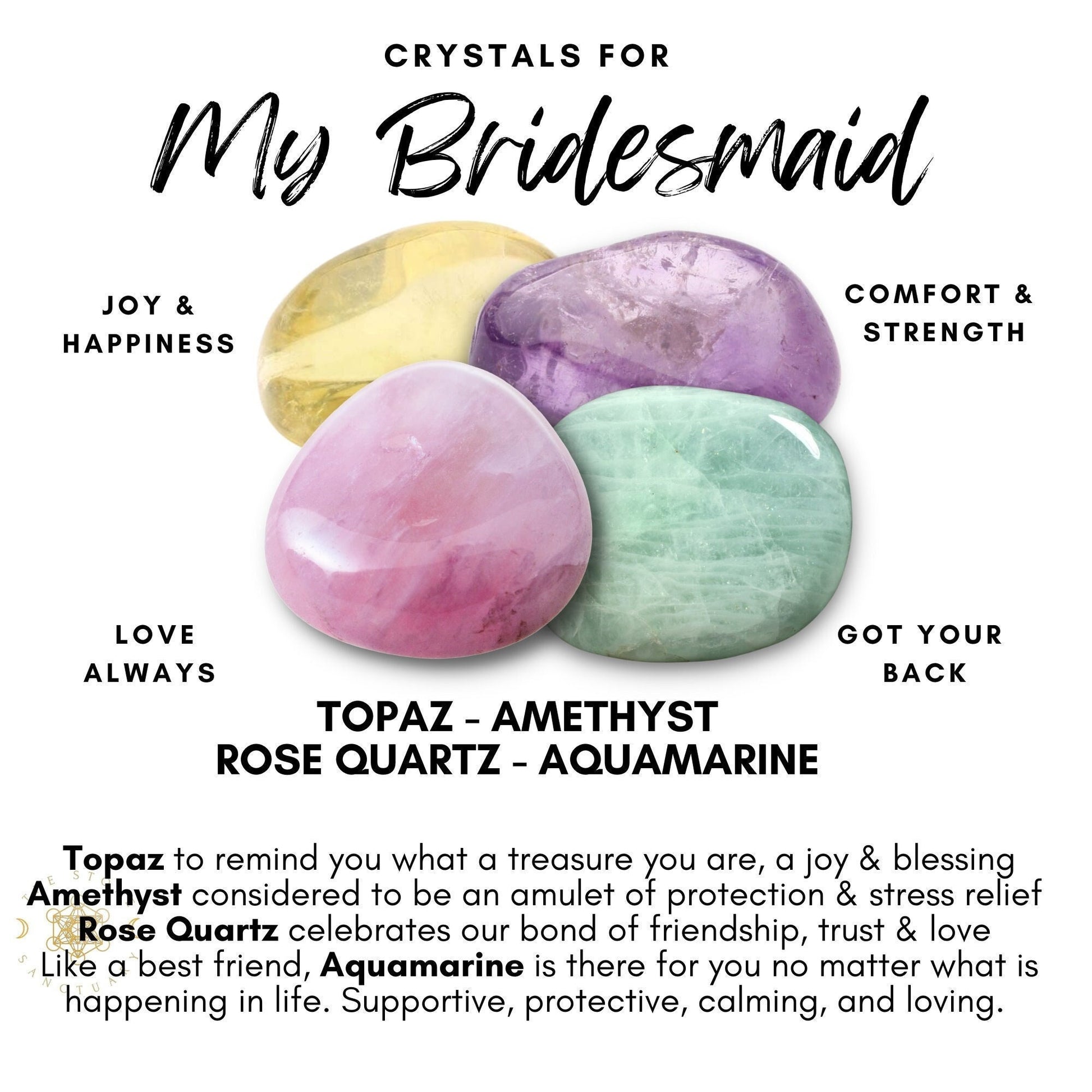 An image titled "Crystals for My Bridesmaid" featuring four polished stones labeled as Topaz, Amethyst, Rose Quartz, and Aquamarine. Each stone in this Bridesmaid Crystal Kit is tied to attributes like joy, comfort, love, friendship, and strength. Descriptive text accompanies each healing crystal in the Bridesmaid Crystal Kit.