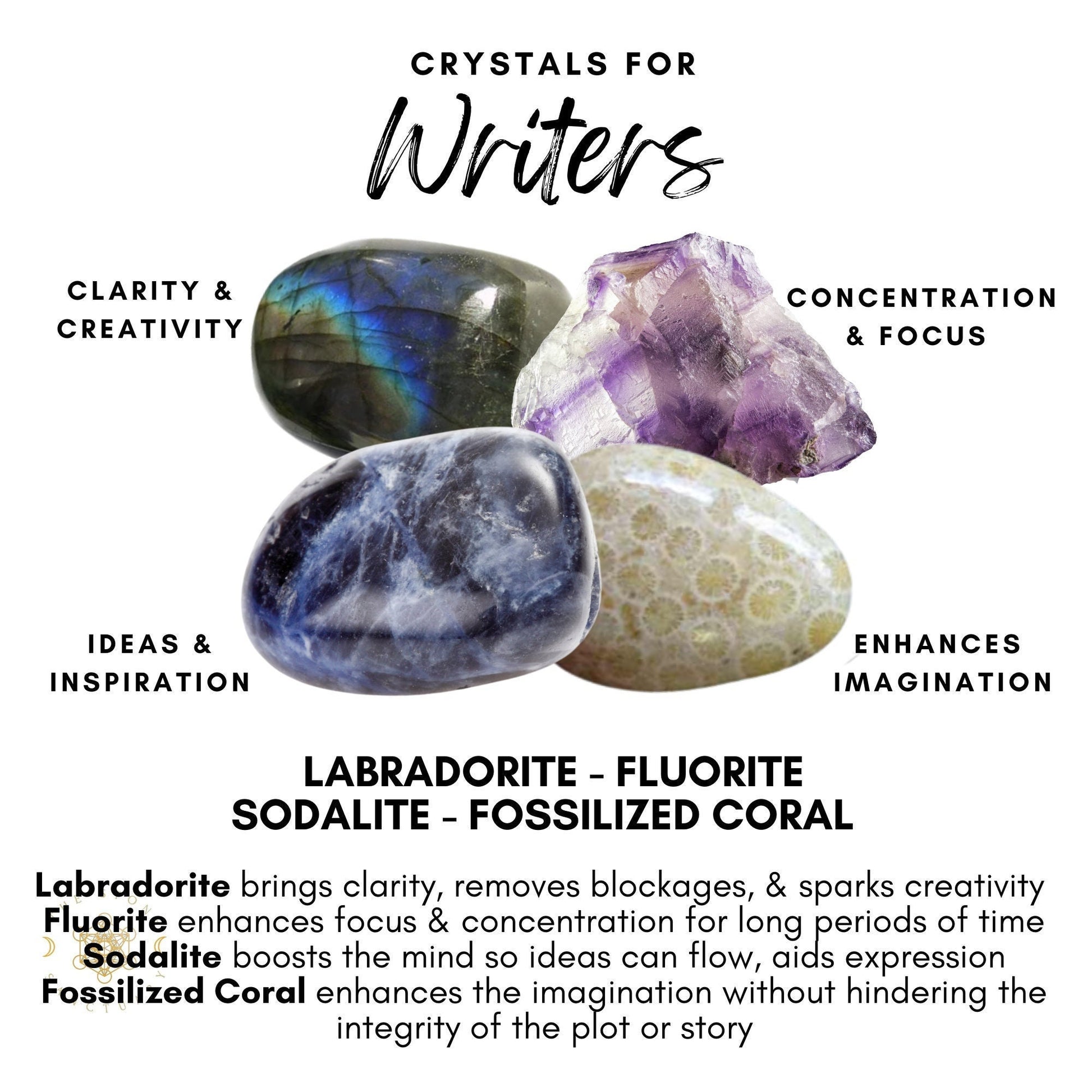 An image titled "Writer Crystal Kit" showcasing a writer's toolbox with four essential crystals: Labradorite (Clarity & Creativity), Fluorite (Concentration & Focus), Sodalite (Ideas & Inspiration), and Fossilized Coral (Enhances Imagination). Each crystal description details their benefits for writers.