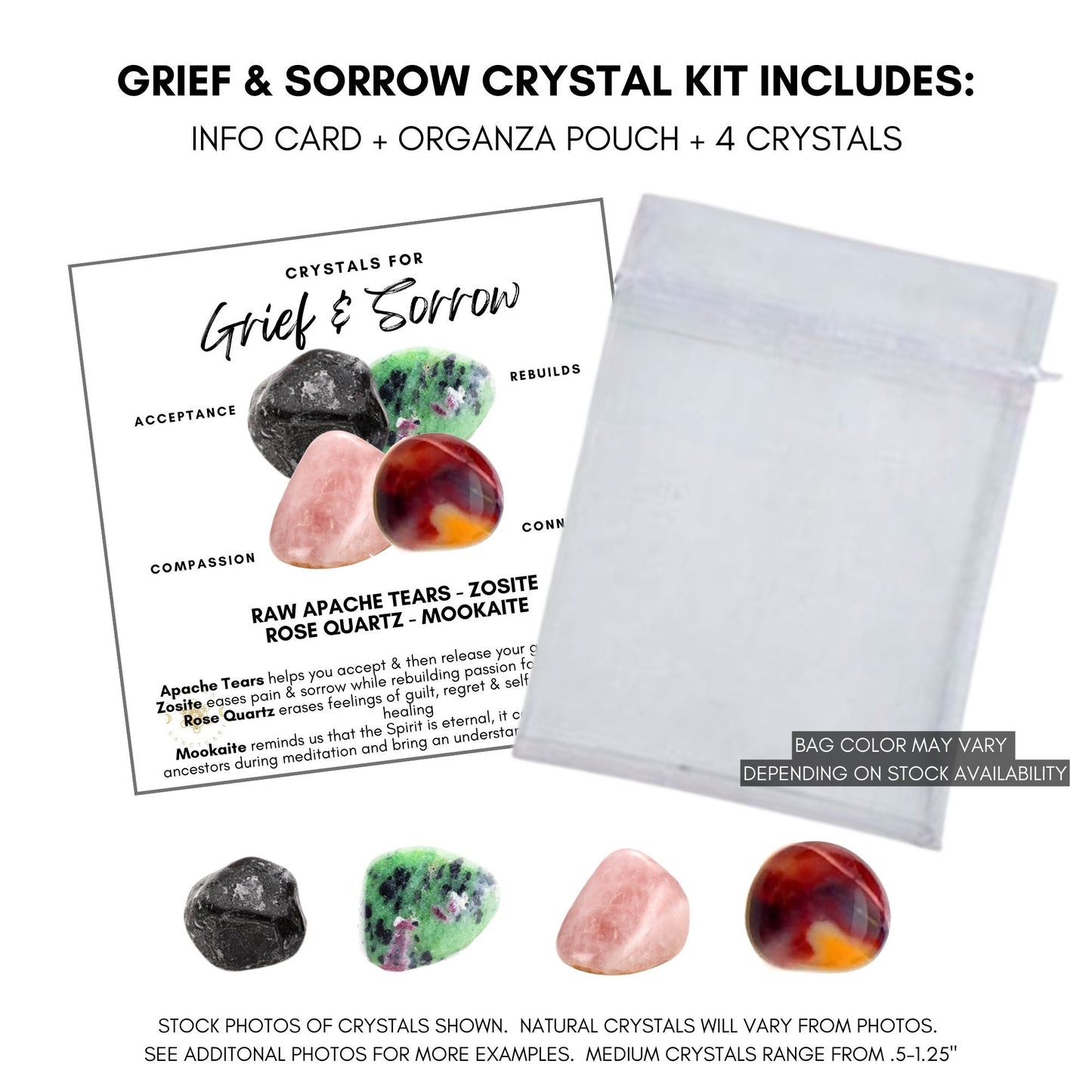 Image featuring three crystals: Apache Tears, Rose Quartz, and Mookaite. Each crystal is accompanied by descriptive text about its healing properties. Apache Tears: Acceptance, Zoisite: Rebuilds, Rose Quartz: Compassion, Mookaite: Connects. Text at the bottom reads "Grief Crystal Kit - RAW APACHE TEARS - ZOISITE - ROSE QUARTZ.