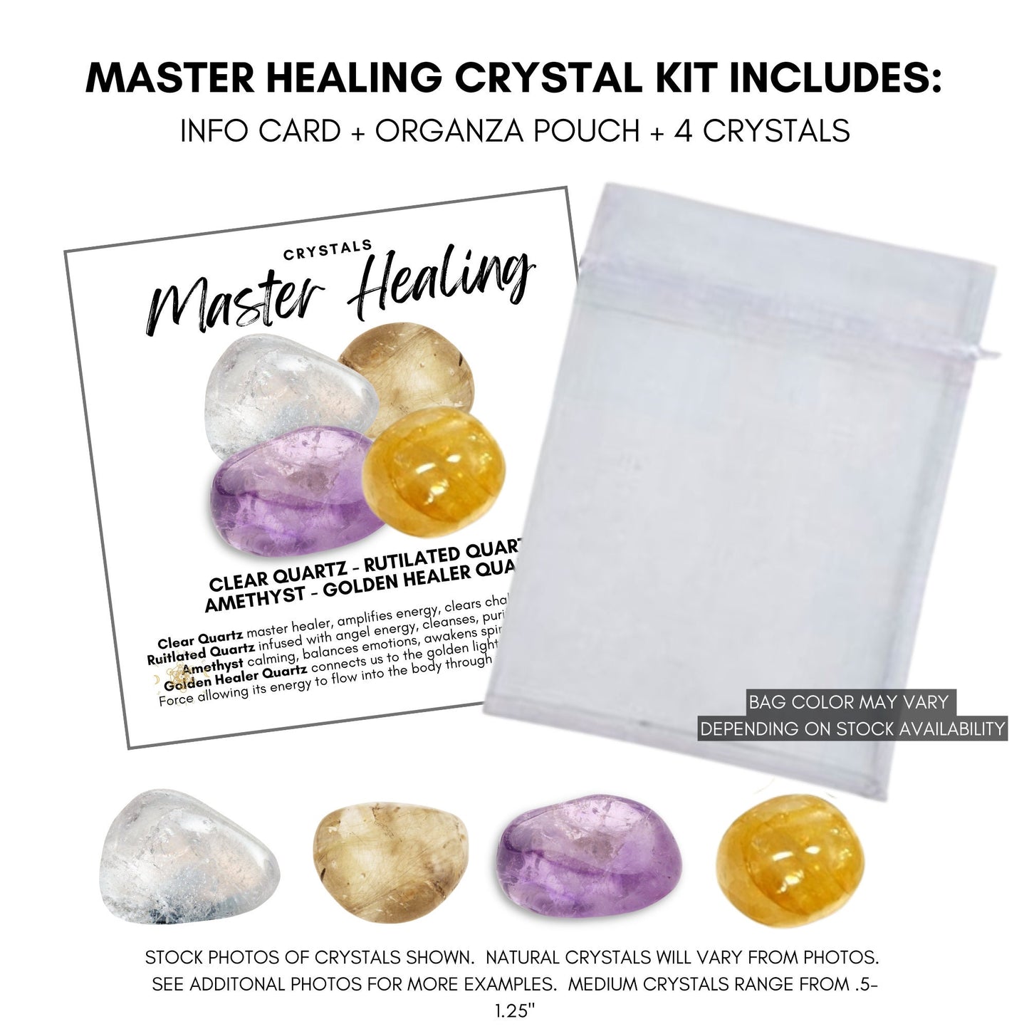 Image featuring four types of crystals: clear quartz, rutilated quartz, amethyst, and golden healer quartz. Text highlights their healing properties, such as clearing chakras and balancing emotions. Header text "Master Healing Crystal Kit" in a stylish font perfect for any crystal kit.