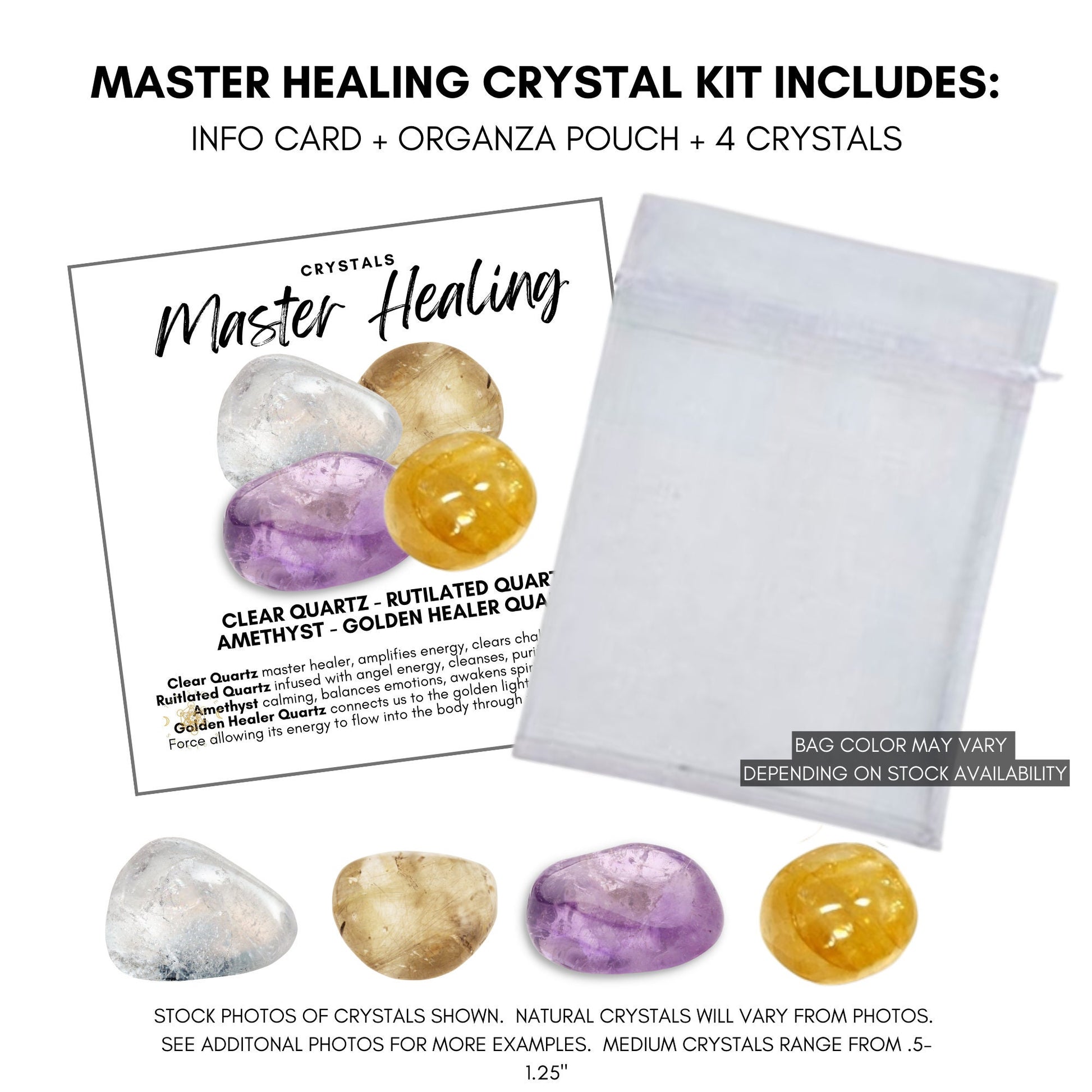 Image featuring four types of crystals: clear quartz, rutilated quartz, amethyst, and golden healer quartz. Text highlights their healing properties, such as clearing chakras and balancing emotions. Header text "Master Healing Crystal Kit" in a stylish font perfect for any crystal kit.