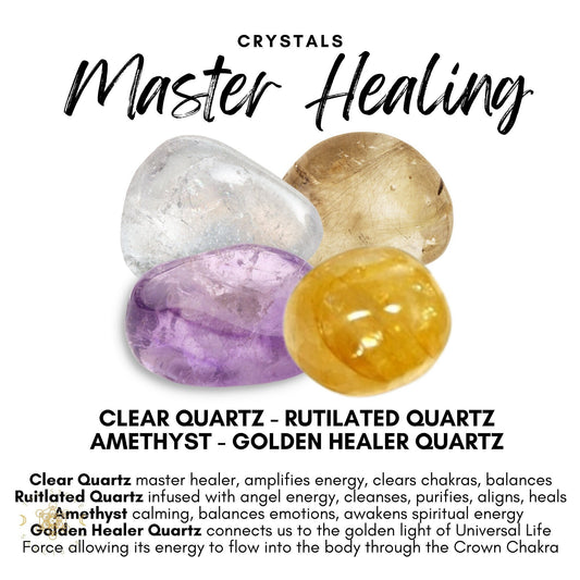 Image featuring four types of crystals: clear quartz, rutilated quartz, amethyst, and golden healer quartz. Text highlights their healing properties, such as clearing chakras and balancing emotions. Header text "Master Healing Crystal Kit" in a stylish font perfect for any crystal kit.