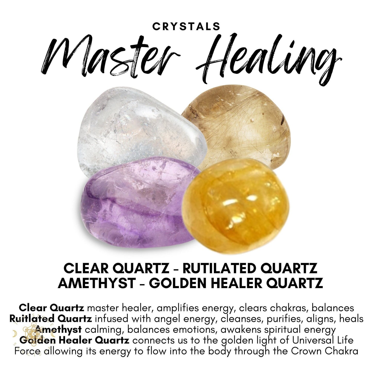 Image featuring four types of crystals: clear quartz, rutilated quartz, amethyst, and golden healer quartz. Text highlights their healing properties, such as clearing chakras and balancing emotions. Header text "Master Healing Crystal Kit" in a stylish font perfect for any crystal kit.