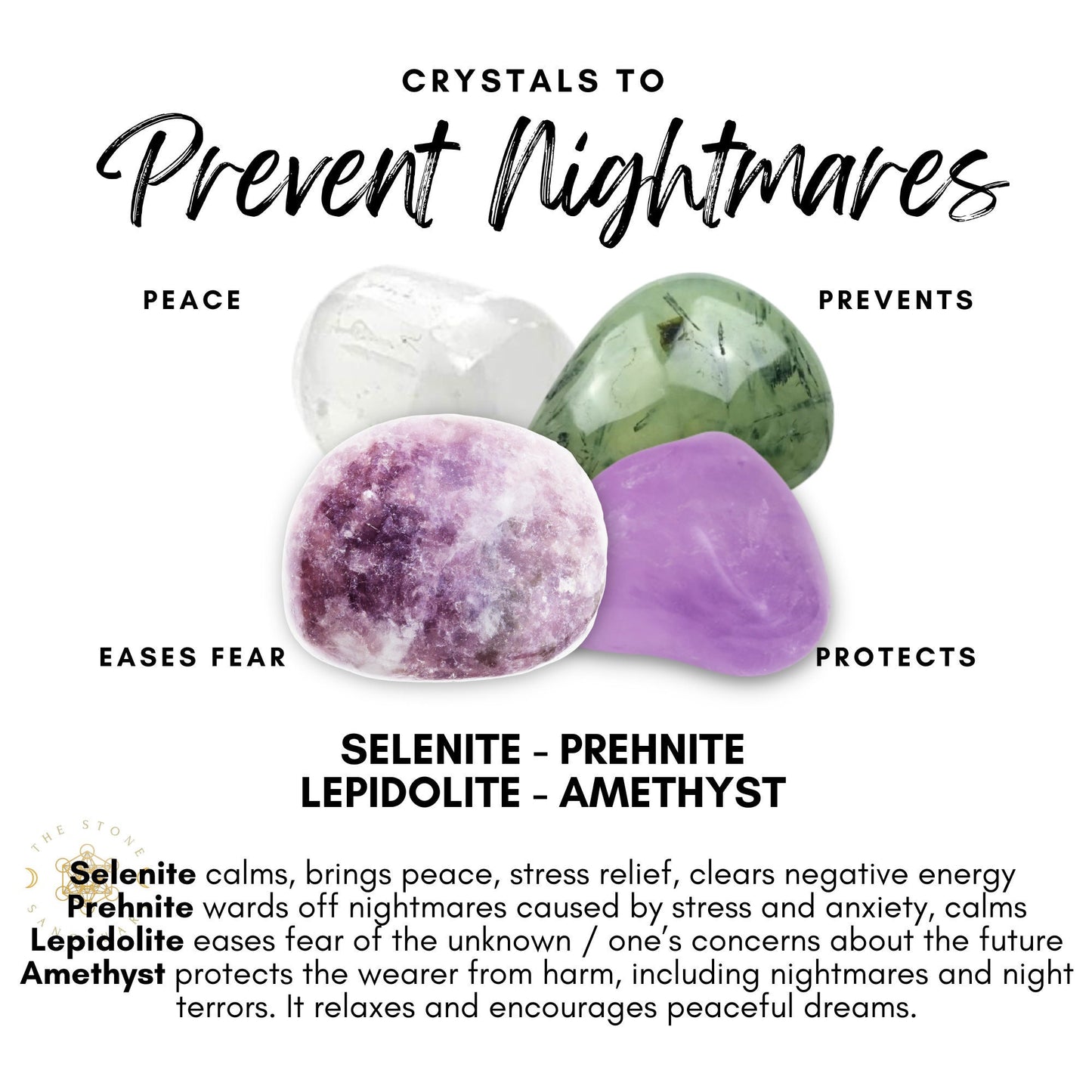An image featuring a Prevent Nightmares Crystal Kit with four stunning stones: selenite (white), prehnite (green), lepidolite (purple), and amethyst (purple) against a white background. Text explains how these crystals to prevent nightmares offer specific benefits and harness the power of Reiki energy for restful sleep.