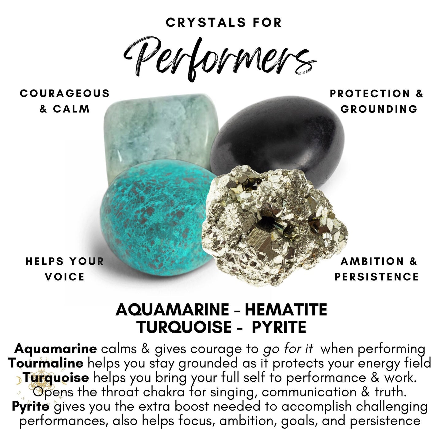 An image featuring the Performer Crystal Kit, which includes four healing crystals labeled as beneficial for performers: aquamarine for courage and calm, hematite for protection and grounding, turquoise for helping your voice, and pyrite for ambition and persistence. Each crystal is accompanied by a brief description of its benefits.