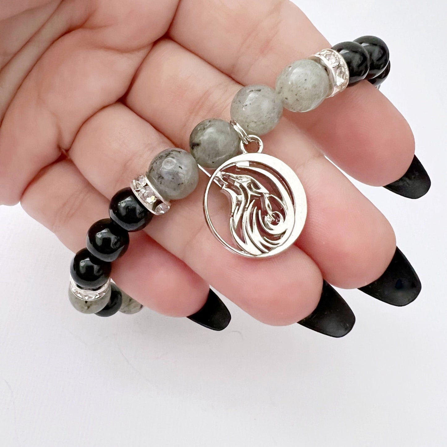 8mm Labradorite & Black Tourmaline Beaded Bracelet w/ Wolf Charm