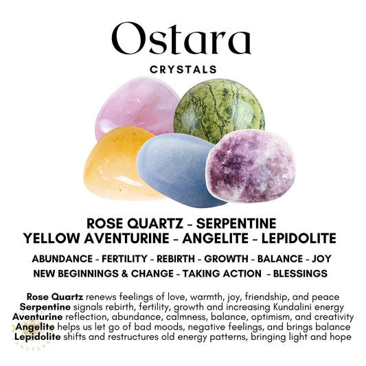 An arrangement of five crystals: rose quartz, serpentine, yellow aventurine, angelite, and lepidolite. Descriptions of each crystal list attributes such as fertility, growth, balance, joy, and other positive qualities associated with them. The text "Ostara Crystal Kit" appears at the top.
Product Name: Ostara Crystal Kit
