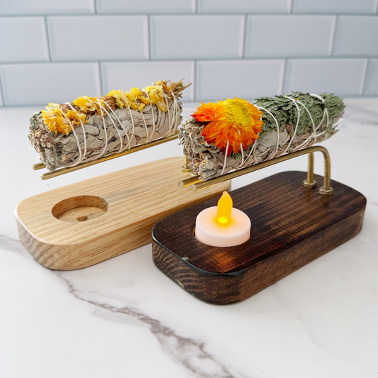 Handmade Wooden Smudge Stick Holder with Tealight Base